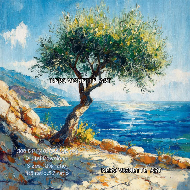 Mediterranean Olive Tree Seascape Art Print, Coastal Wall Decor (JPG ...