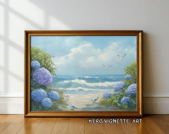 Vintage Hydrangea Beach Oil Painting, Coastal Art Print (Digital Download)