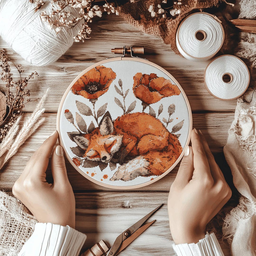 Sleeping Fox Cross Stitch Pattern, Floral Poppies Needlework (PDF ...