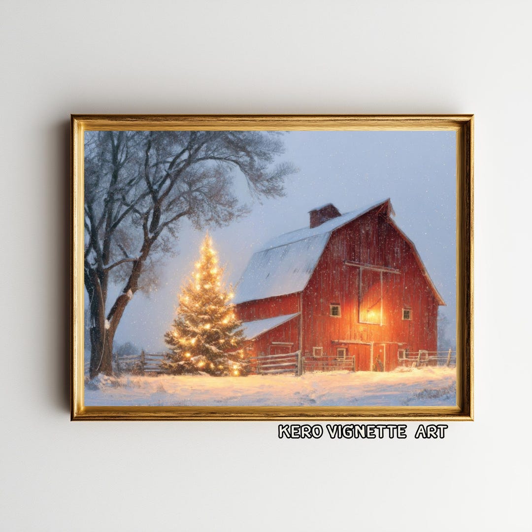 Rustic Christmas Barn Print, Snowy Farmhouse Holiday Scene (digital ...