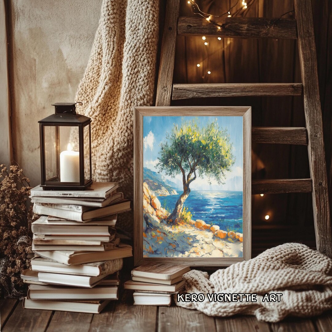 Mediterranean Olive Tree Seascape Art Print, Coastal Wall Decor (JPG ...
