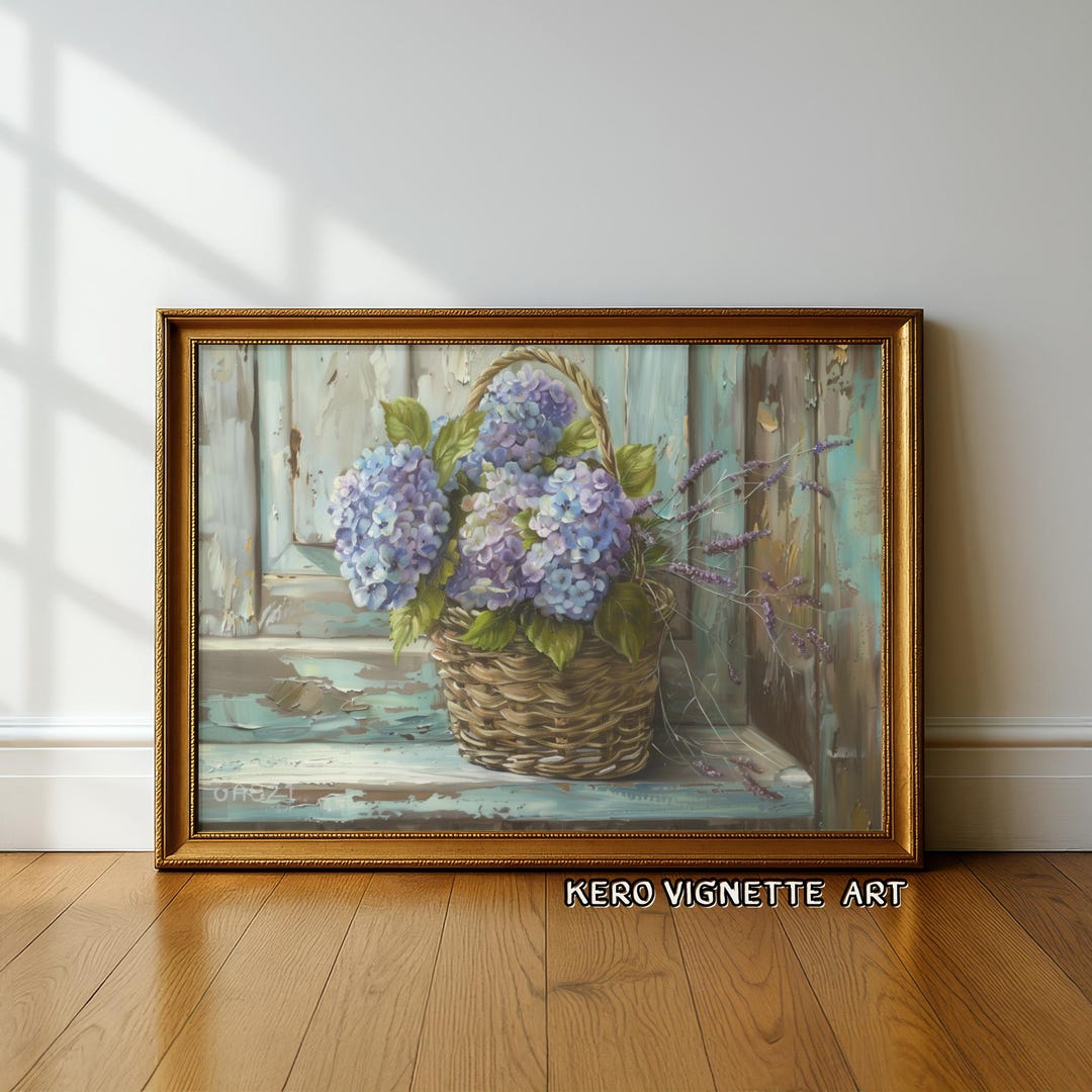 Blue Hydrangea Oil Painting Wall Art, Rustic Flower Basket Print ...