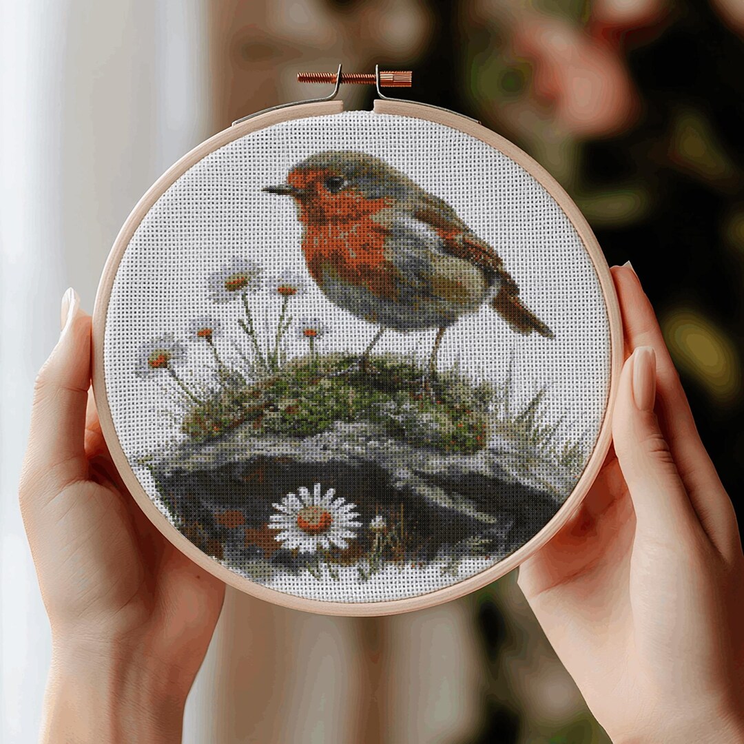 Robin Needlepoint Pattern European Robin Cross Stitch Pattern, Realistic Bird Nature Embroidery ...