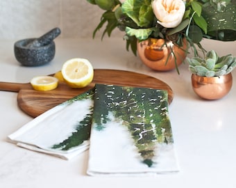 PINE Tea Towel Painting- Cotton hemp - gift hosting mom kitchen new home wedding - green forest emerald
