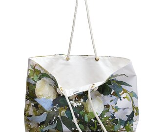 Ever Softly duffle white flowers watercolor- Art Weekender Bag- bridesmaid girls night girls weekend beach girl time yard party tote