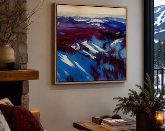 SunPeaks Original-Kunstwerk (gerahmt) – Acryl auf Leinwand: Berge, Skifahren, Winter, Wandern, Espen, British Columbia, Natur, Kanada, Resort