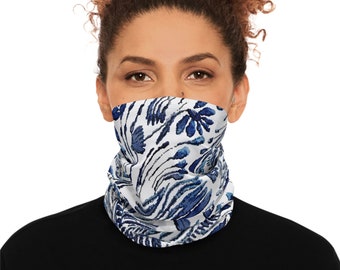 Blue and White- scarf Winter Neck Gaiter With Drawstring - WATERCOLOR floral navy white neutral