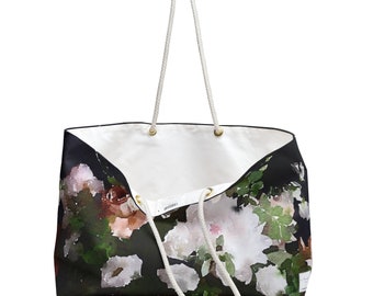 Held duffle- black white flowers watercolor- Art Weekender Bag- bridesmaid girls night girls weekend beach girl time yard party tote