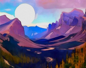 Original Gouache Painting – “Moon Rising” – 10x10 Mountain Landscape, Moonlight Sky, Framed Mountain purple