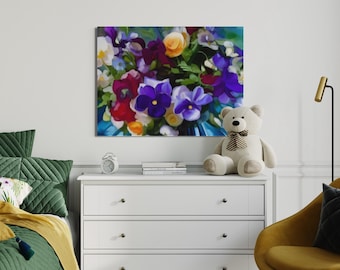 Original Painting Pansy Bouquet -  on canvas- Varnished and Wired Canvas