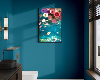 Original Acrylic Painting – “Forgotten” – Florals under water 40x20 blue large statement Art