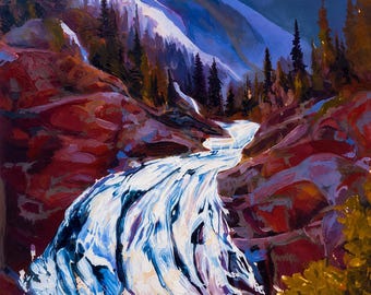 Auf dem Bergrücken – Original-Ölgemälde – Wasserfall, Bach, Wasser, Öl, Natur, Wandern
