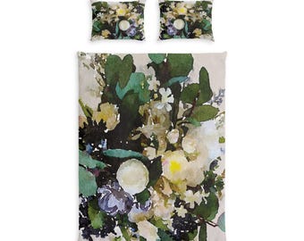 Bettwäsche-Set aus Baumwolle mit Aquarell-Blumenstrauß | Bettbezug mit grün-weiß-gelbem Blumenmuster