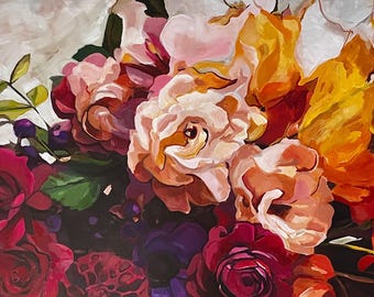 Large Floral Acrylic Painting – Bold Colorful Flowers, Contemporary Wall Art (36x48)