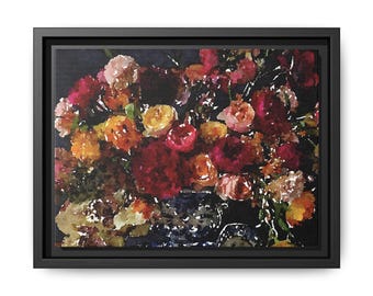 Abstraktes Blumenbouquet auf matter Leinwand, gerahmt | Mehrfarbiges Wandbild