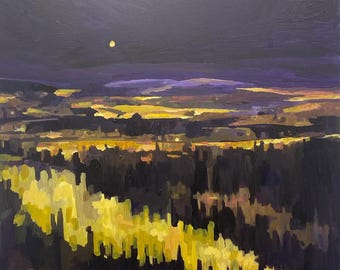 Original Night Valley Kamloops Acrylic Painting • Large city night Canvas Art (26” x 26”)