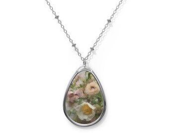 White Floral- Pendant Artwork Necklace, blue, Valentine Day gift, mom gift girlfriend pattern floral