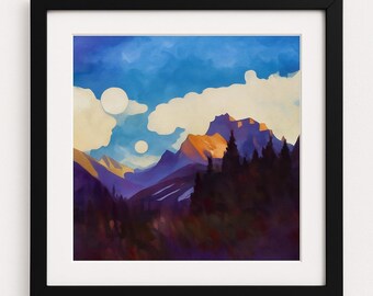Original Gouache Painting – “Canmore Ridge” – 10x10 Mountain Landscape, Moonlight Sky, Framed Mountain