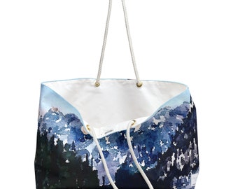 Mountains duffle cool blue watercolor- Art Weekender Bag- bridesmaid girls night girls weekend beach girl time yard party tote