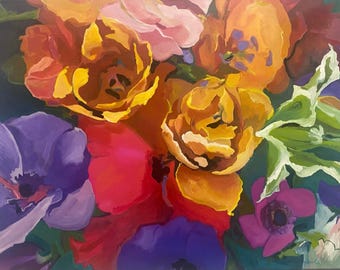 Original Painting of florals in bright saturated colors - CELEBRATION - on canvas- Varnished and Wired Canvas