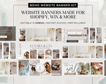 Wix, Shopify  Website Template Banner Editable Canva Boho Template, MRR Resell  Digital PLR,