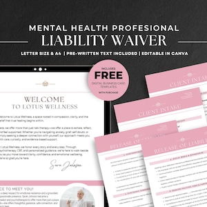 May include: A digital template for a mental health professional liability waiver. The design features a tablet displaying a welcome message and pink documents with text. Includes free digital business card templates.