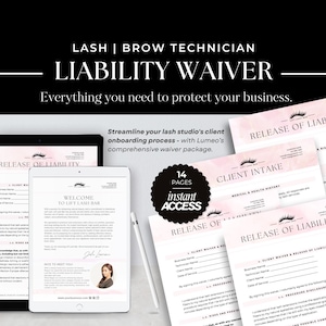 Puede incluir: Un producto digital para técnicos de pestañas y cejas, con una renuncia de responsabilidad. La imagen muestra una tableta y una pila de documentos con el texto "Release of Liability" y "Client Intake". El producto incluye 14 páginas.