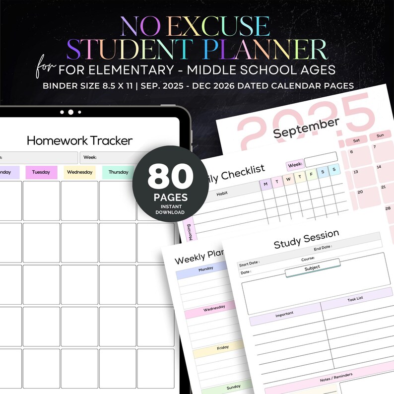 2025-2026 Dated Calendar, Student ADHD Printable School Planner for ...