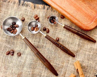 Copos de medição personalizados e gravados, colheres de medição personalizadas e gravadas, conjunto de colheres de medição personalizadas e gravadas com cabos de madeira, utensílios de cozinha