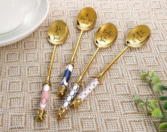 Gepersonaliseerde gouden roestvrijstalen lepel, koffielepel met keramische handgreep, logo-aanpassing