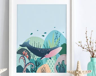 Whale Nursery Art Print - Under The Sea Kids Room Decor - Adorable Whale Illustration - Ocean Wall Art Gift