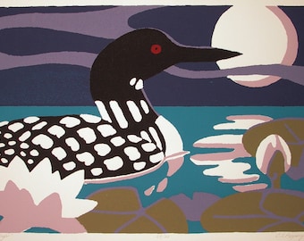 Loon, Moon and waterlily are the imagery in a handprinted serigraph titled Moon Light