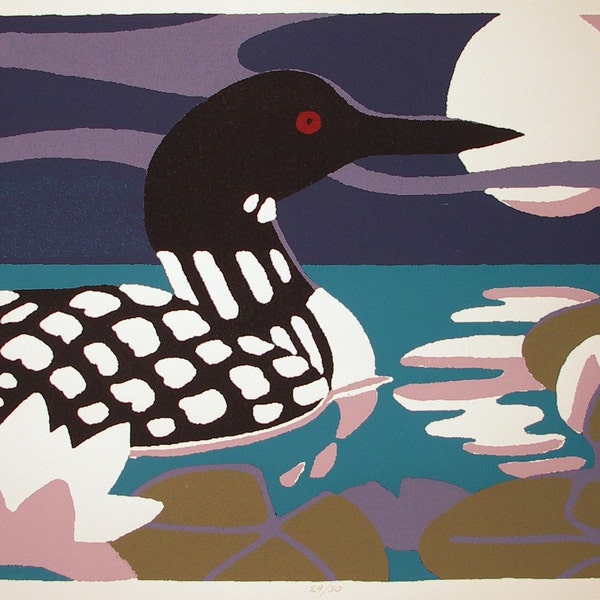 Loon, Moon and waterlily are the imagery in a handprinted serigraph titled Moon Light