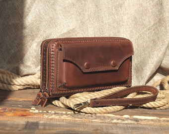 Handmade Crazy Horse Leather Double Zipper Clutch Wallet: Wristlet with Phone Pocket,Men's Zip Wallet