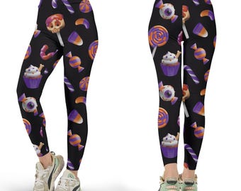 Leggings Halloween imprimés - Pantalon de yoga à motif de bonbons fantasmagoriques, collants festifs, jolis vêtements de sport pour femmes