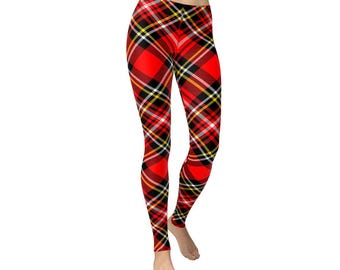 Red Tartan Plaid Leggings, Athleisure Yoga Pants