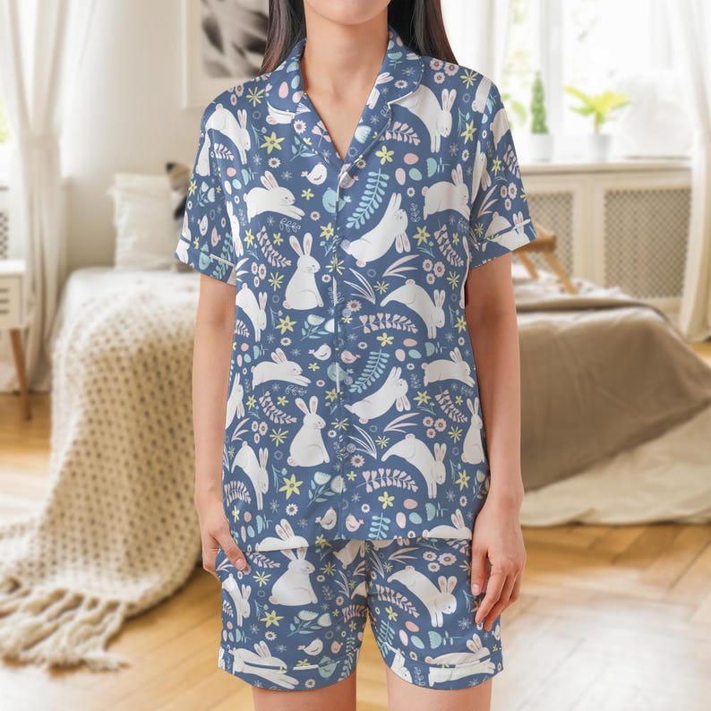 Boho Easter Bunny Satin Pajama Set | Women's Short Sleeve Sleepwear (Polyester) image 1
