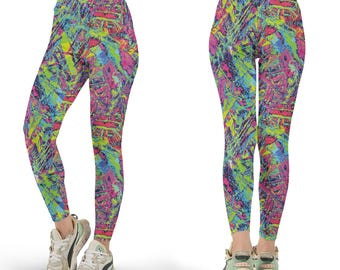Bright Grudge Rave Leggings, Psychedelic All Over Print, Festival Plus Size