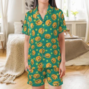 Fastfood Burger Satin PJ Set | Savory Cheeseburger Silk Sleepwear | Short Sleeve Summer PJs | Fun Diner Food Pattern Lounge Set Gift