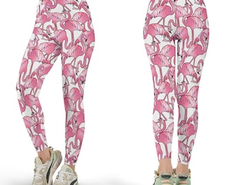 Pink Flamingo Print Leggings, Tropical Athleisure Wear