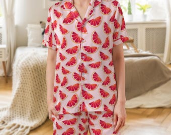 Pink Grapefruit All-over Print Satin Short-Sleeve Pajamas Set (No Pocket)