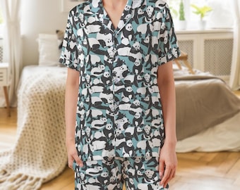 Blue Panda Satin Pajama Set | Short Sleeve Sleepwear Lounge PJs