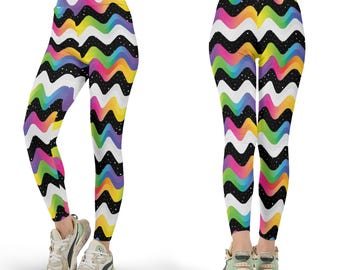 Rainbow Wave Print Leggings, Psychedelic Rave Outfit