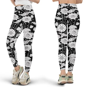Black Lotus Leggings, Vintage Floral Leggings, Flower Leggings, All Over Print Leggings, Women&#39;s Leggings, Yoga Pants, Plus Size