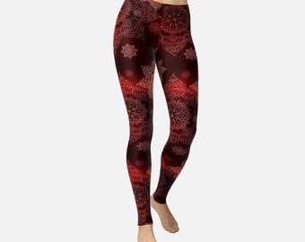 Dark Red Mandala Leggings, Maroon Pattern Yoga Pants, Bohemian Geometric Graphic Tights, Spiritual Boho Aesthetic Activewear