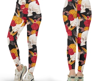 Floral Skull Leggings, Sugar Skull Yoga Pants, Gothic Rose Pattern Tights, Day of the Dead Activewear, Edgy Aesthetic Gym Wear, Gift for Her