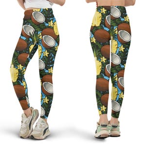 Tropical Coconut Leggings, All Over Print, Tropical Fruit, Beachwear, Summer Vacation, Cute Workout Leggings, Yoga Pants, Fun Fashion