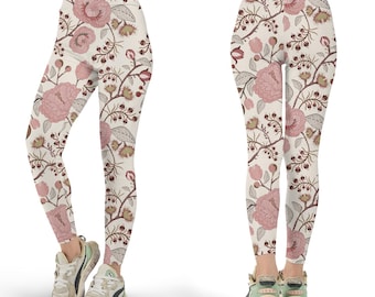 Pink Floral Print Leggings, Boho Cottagecore Style, Workout Yoga Pants