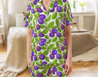Plum Fruit All-over Print Satin Short-Sleeve Pajamas Set (No Pocket)