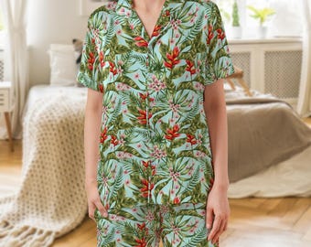 Tropical Floral Hawaiian Pattern Satin Pajama Set - Short Sleeve